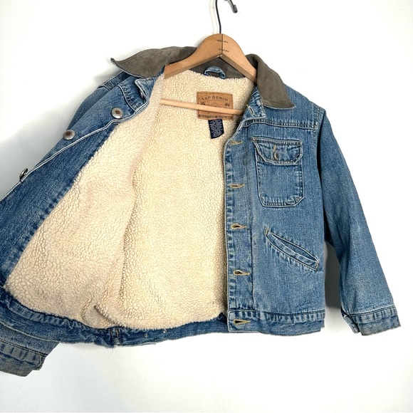 Gap | Vintage Leather Collar Sherpa Lined Crop Trucker Jean Jacket Size Medium - Picture 3 of 11